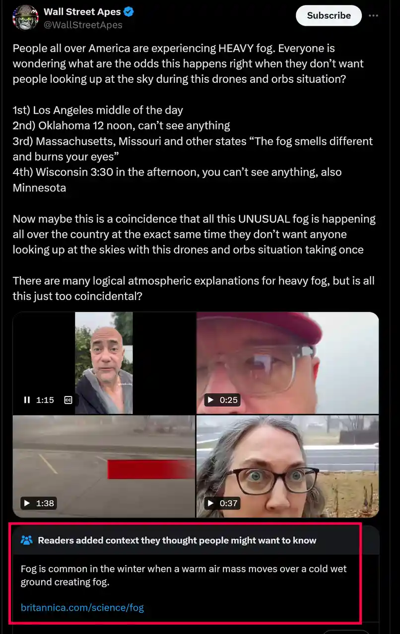 A screenshot of a Wall Street Apes YouTube video discussing heavy fog across multiple U.S. states, showing four video clips…