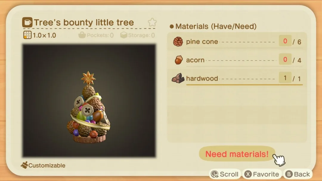 A screenshot from Animal Crossing showing the crafting menu for 'Tree's bounty little tree,' which requires pine cones…