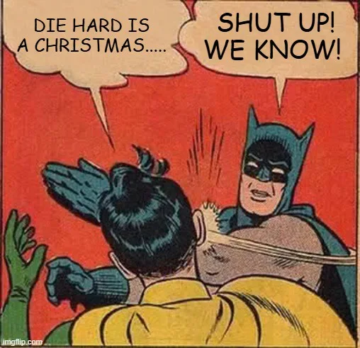 Batman is shown from behind, grabbing Robin by the head and shaking him violently against a red background. Batman's speech…