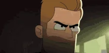 A muscular animated man with a beard and short brown hair, wearing red wrestling trunks, is shown in a sequence of frames…