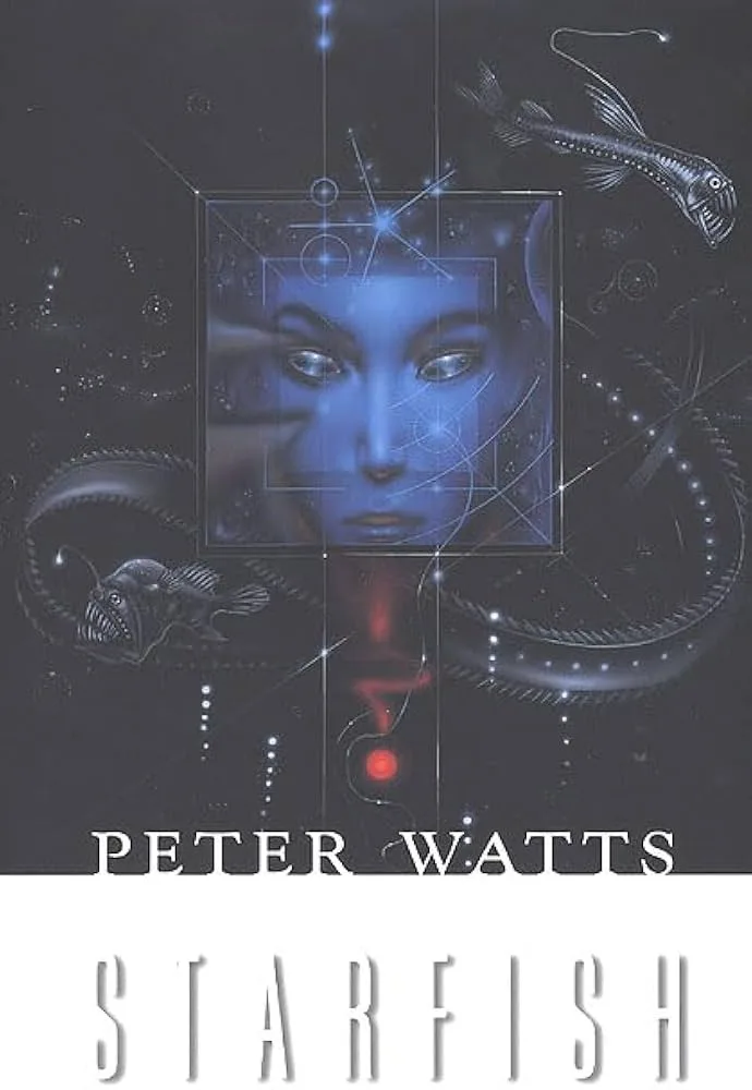 The image is the cover of Peter Watts' book 'Starfish,' featuring a blue-toned, ethereal human face centered within a…