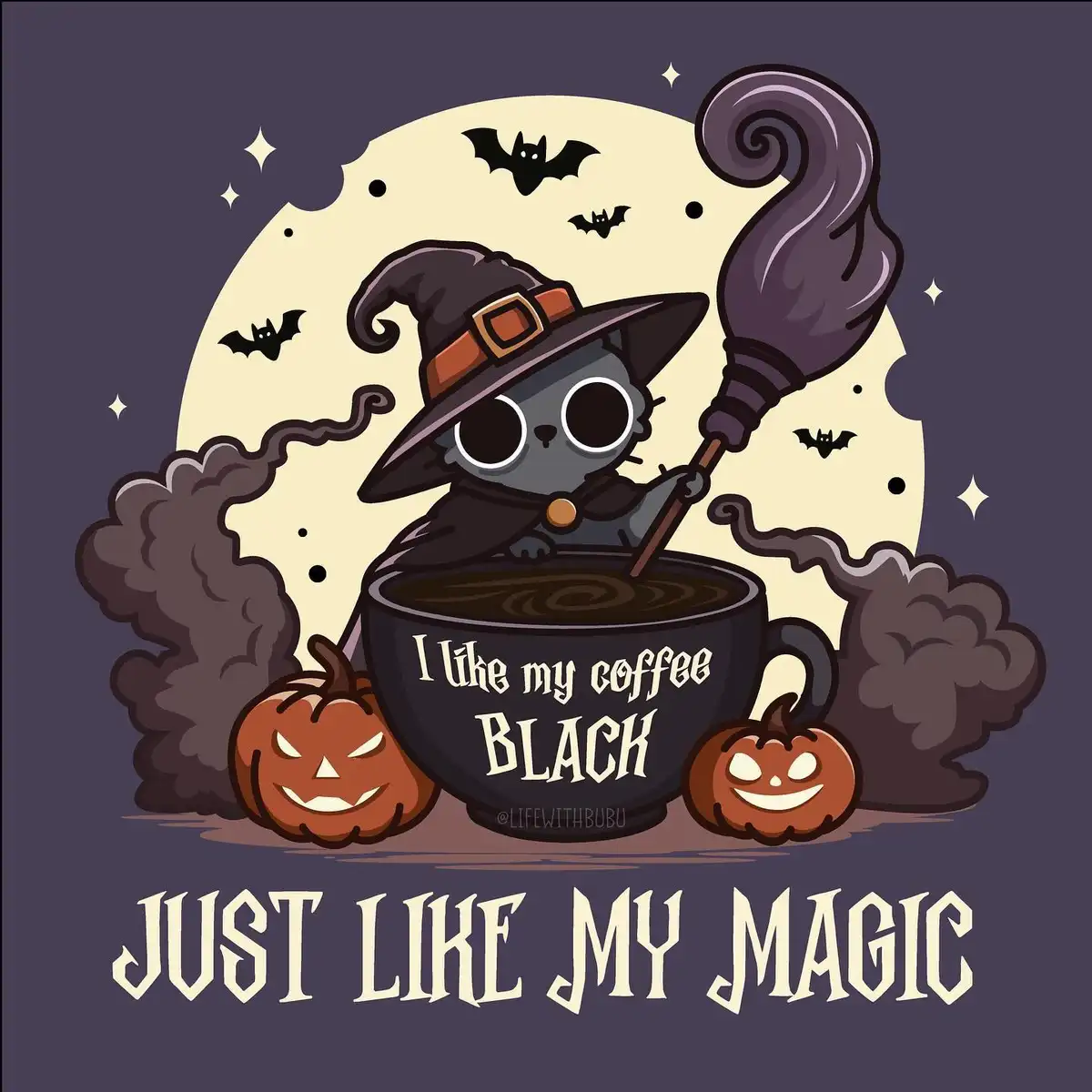 A cartoon witch cat wearing a pointed hat and holding a broomstick stirs a large black coffee mug that reads 'I like my…
