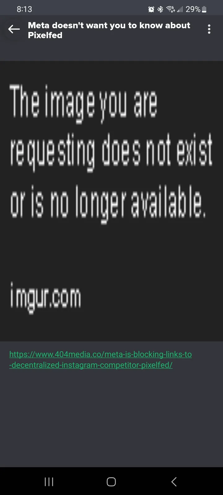 A screenshot of an Imgur 404 error page showing the text 'The image you are requesting does not exist or is no longer…