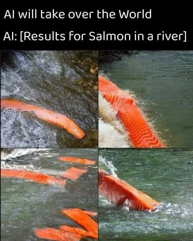 The image is a four-panel grid showing salmon swimming upstream in a river, with the top panels showing whole fish and the…