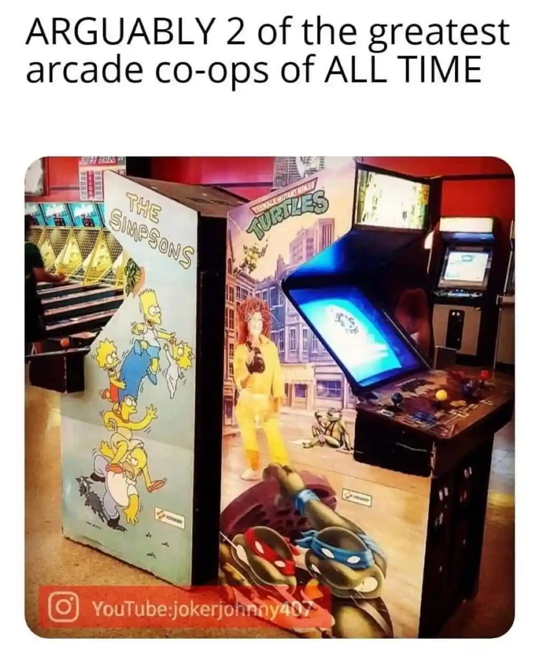Two side-by-side arcade cabinets are shown, one for 'The Simpsons' and one for 'Teenage Mutant Ninja Turtles'. The text…