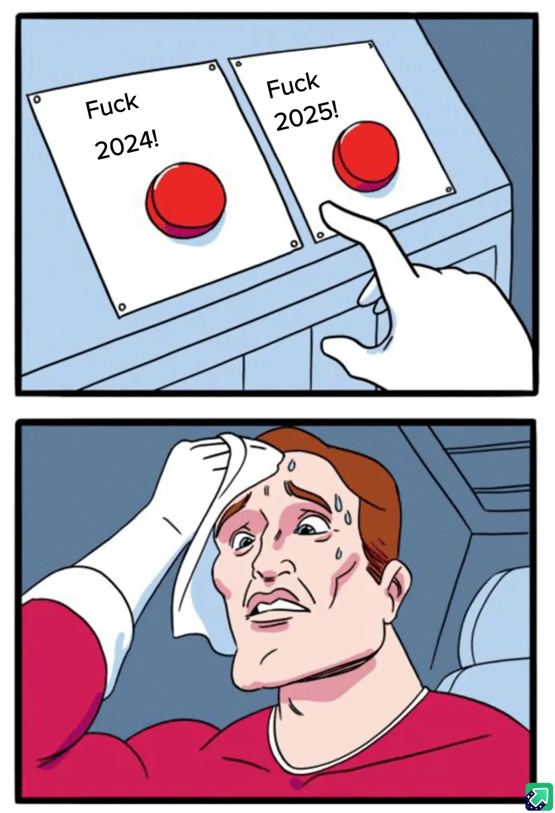 The top panel shows a hand hovering over a red button labeled 'Fuck 2024!' while another button labeled 'Fuck 2025!' is…