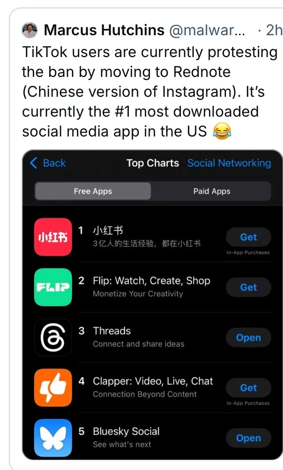 A screenshot of a tweet by Marcus Hutchins showing an Apple App Store 'Top Charts' list for 'Social Networking' apps. The…