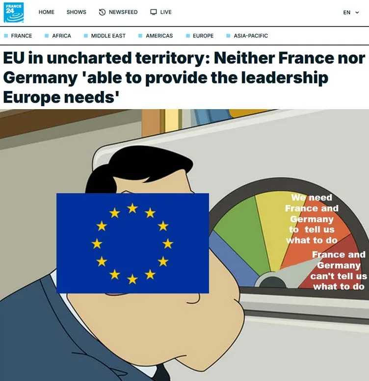 An image from the animated show 'Family Guy' shows a character with the European Union flag covering his face, looking at a…