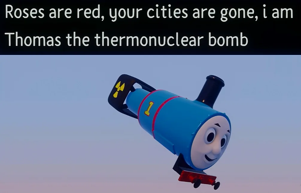 A blue cartoon train engine, resembling Thomas the Tank Engine, is depicted floating in the sky with a nuclear warhead…