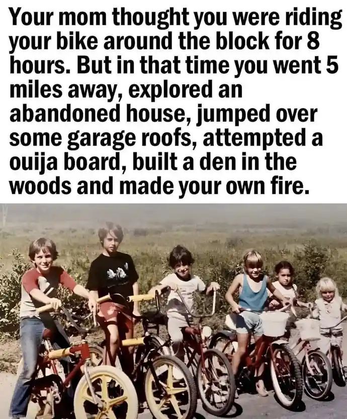 A vintage photo shows six children standing with their bicycles on a rural road. The overlaid text humorously claims their…