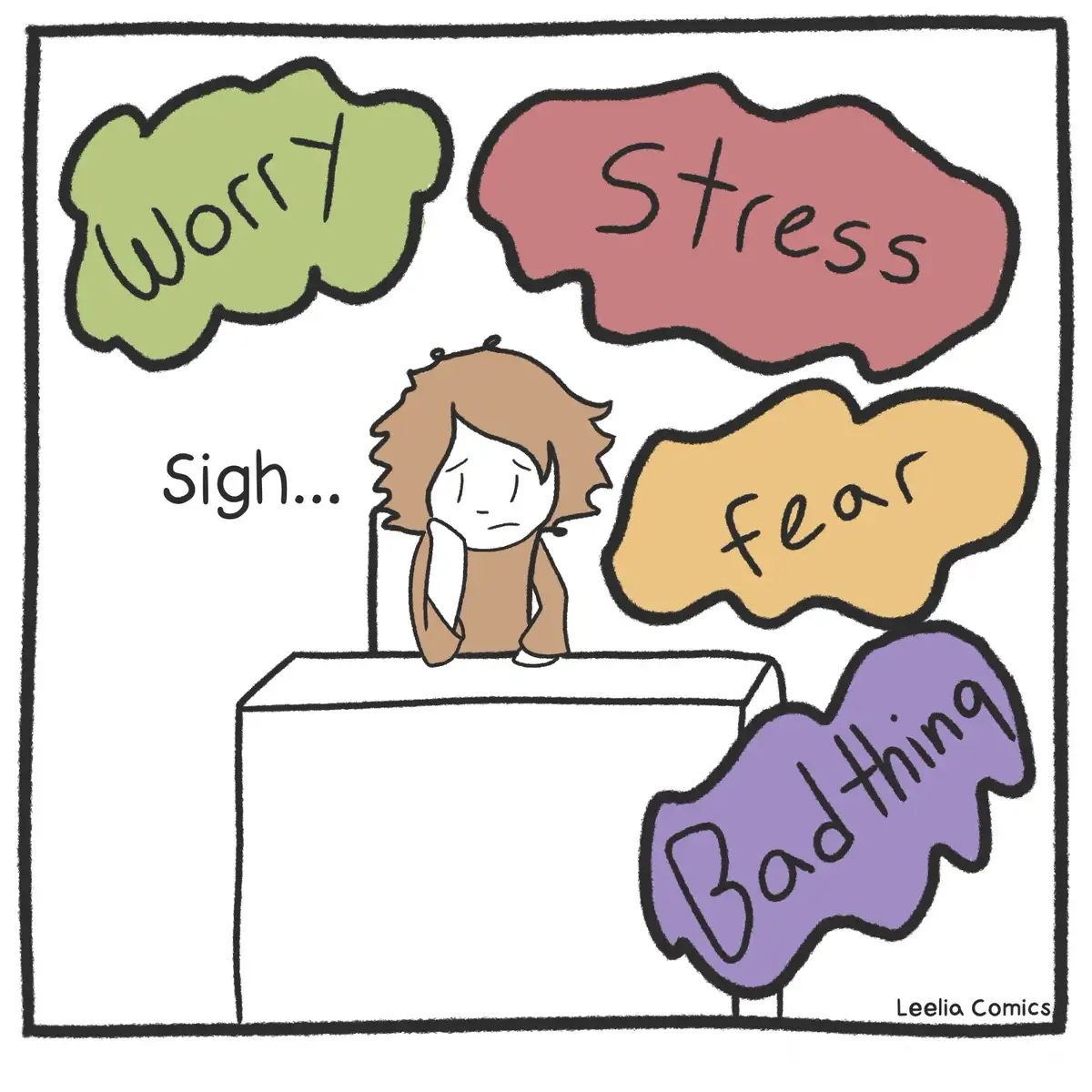 A cartoon person with messy brown hair sits slumped at a desk, looking exhausted and defeated, with four colorful thought…