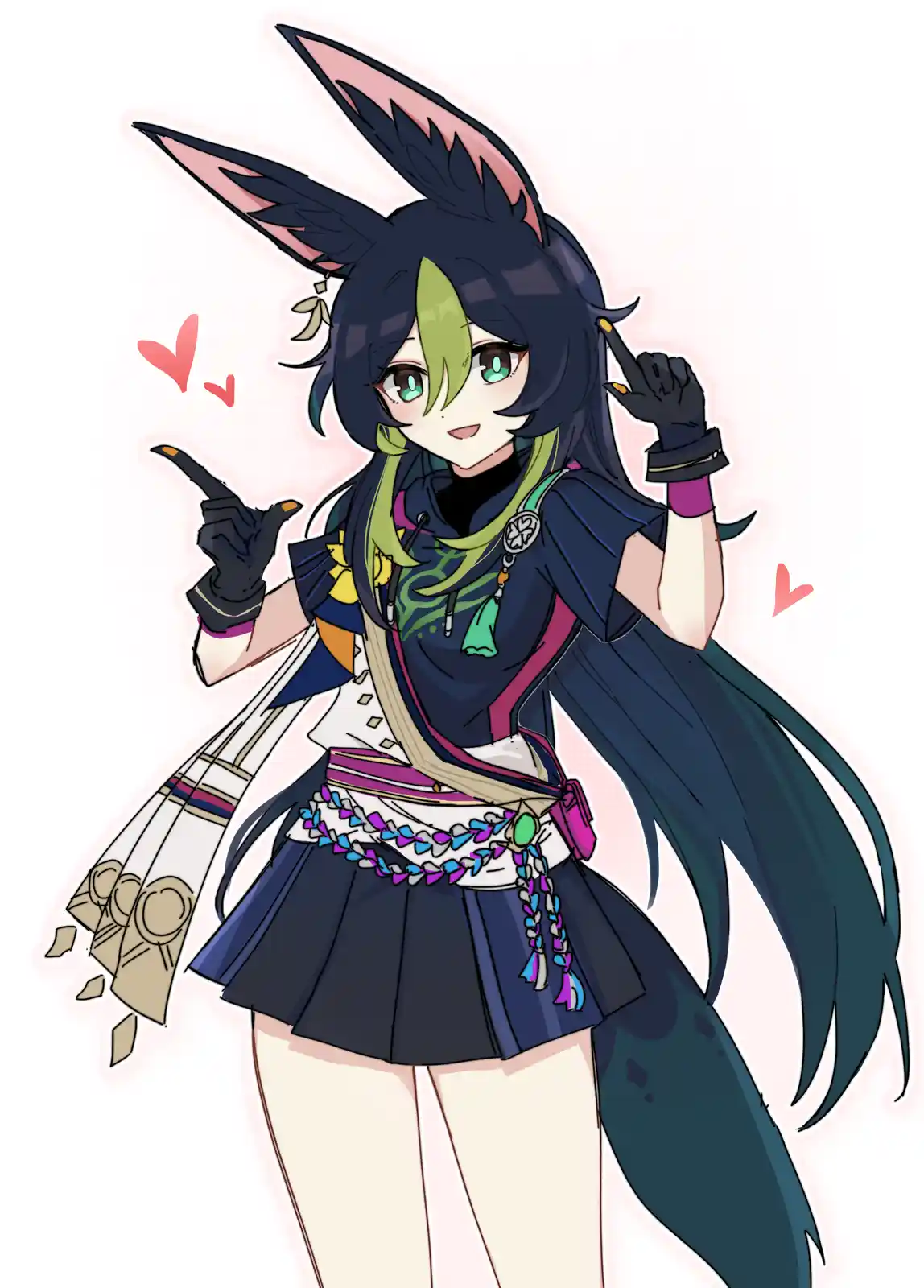 An anime-style illustration of a female character with large black and pink ears, dark blue hair with green streaks, and…