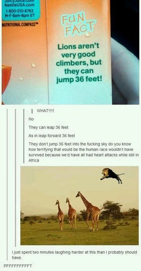 The image shows a close-up of a juice box with a 'FUN FACT' label stating 'Lions aren't very good climbers, but they can…
