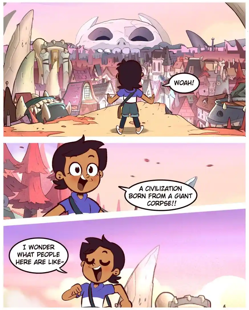 A three-panel comic strip from 'The Owl House' shows a young character reacting to a city built inside a giant skull. In the…