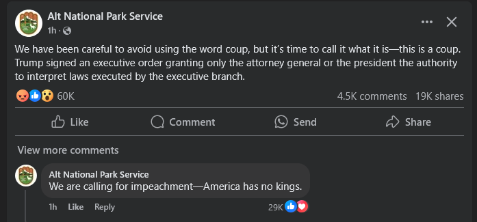 A screenshot of a Facebook post from 'Alt National Park Service' with a dark theme, showing a post that reads 'We have been…