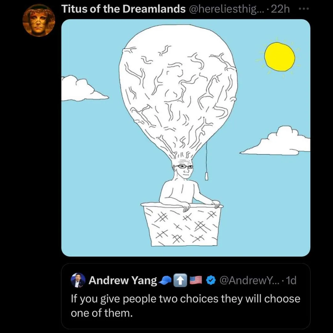 A cartoon drawing shows a man in glasses sitting in a hot air balloon basket, with the balloon itself shaped like a human…