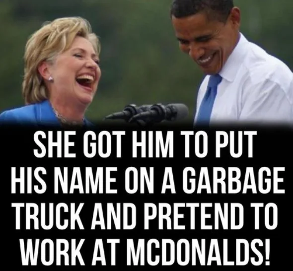 A photo shows Hillary Clinton laughing heartily while Barack Obama smiles beside her, both looking down and away from the…