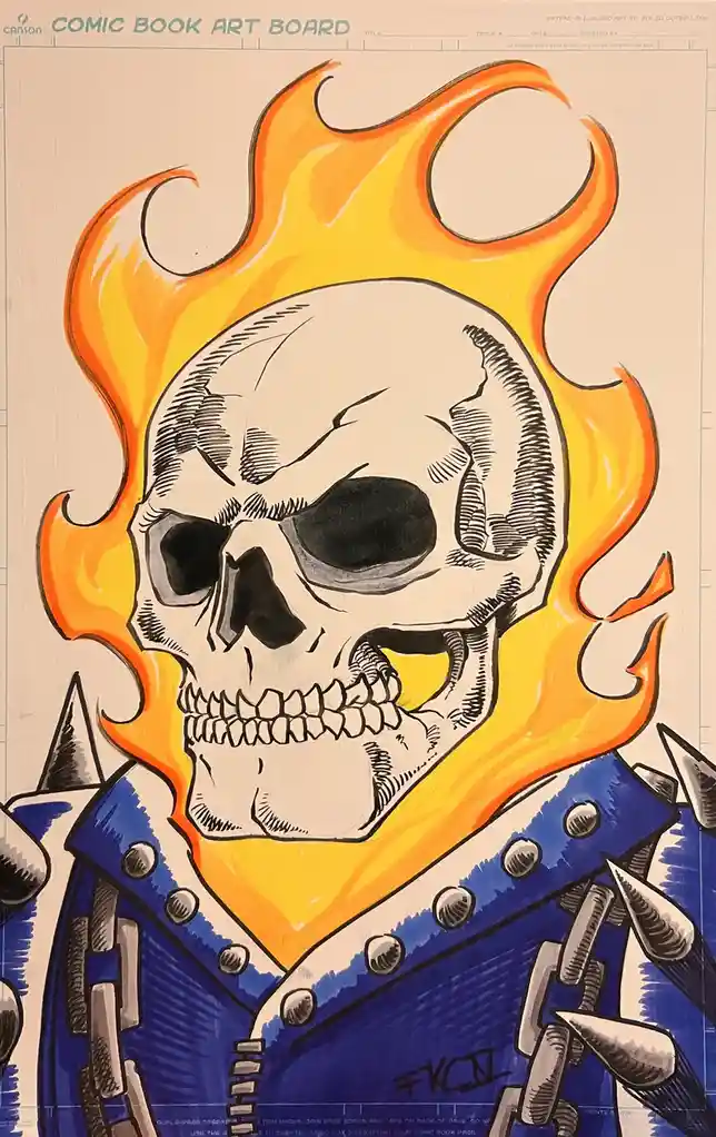 A comic book art board drawing of a flaming skull wearing a spiked blue jacket, with the text 'i'm not a fan of the new…