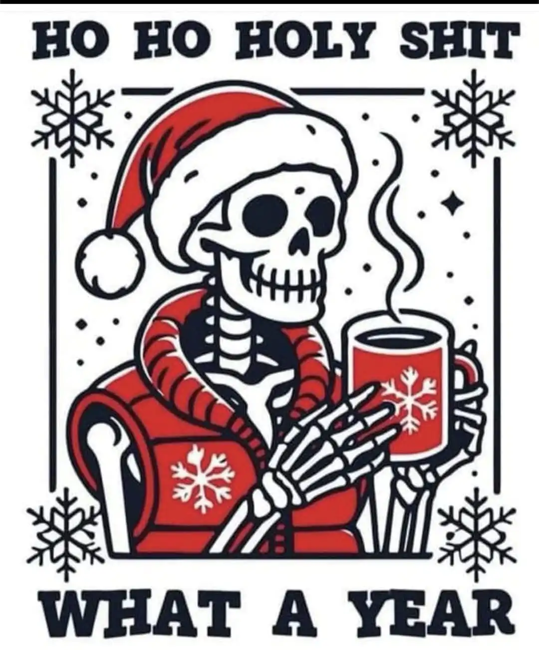 A cartoon skeleton wearing a red Santa hat and a red sweater with snowflake patterns sits in a red armchair, holding a…