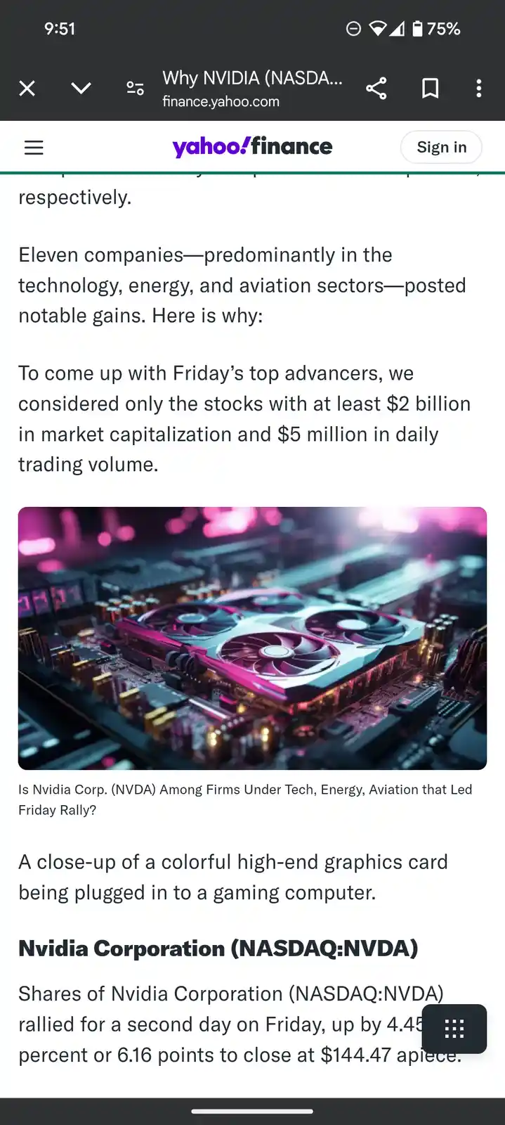 A screenshot of a Yahoo Finance article about Nvidia's stock performance, featuring a close-up photo of a colorful high-end…