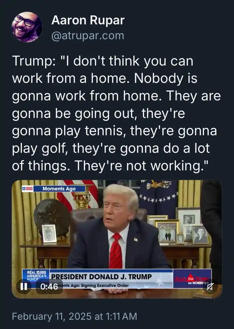 A screenshot of a tweet by Aaron Rupar showing a video clip of Donald Trump speaking. Trump is seated at a desk in an office…