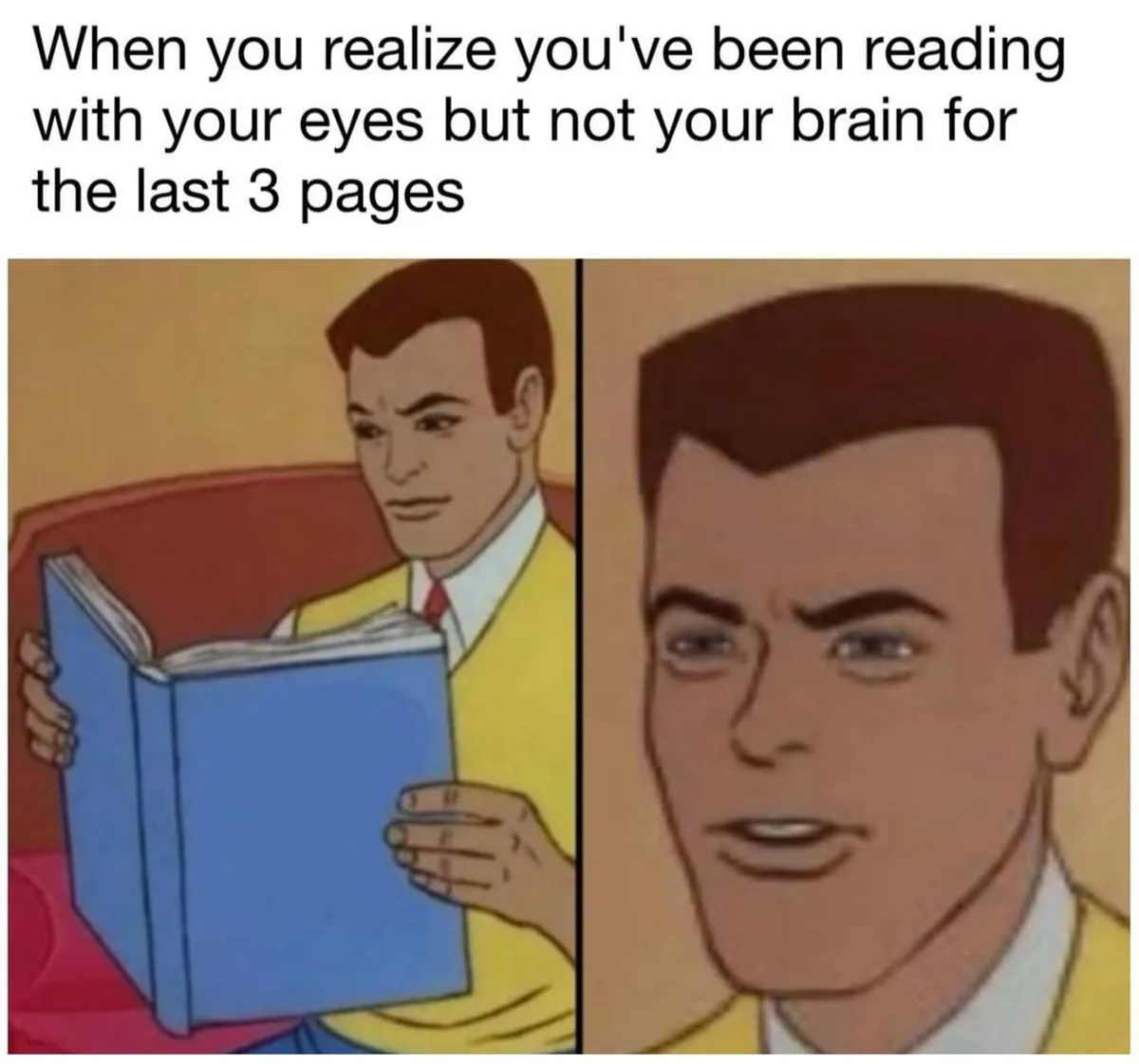 The image is a two-panel comic strip featuring a cartoon man in a yellow shirt and red tie. In the left panel, he sits in a…