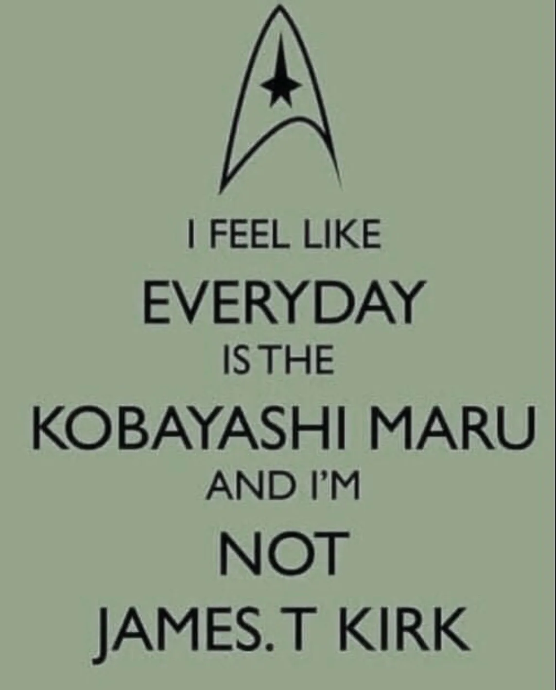 A green background features the Starfleet insignia at the top, with bold black text below stating 'I FEEL LIKE EVERYDAY IS…