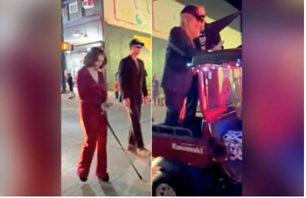 A split-screen image shows a woman in red pants and a matching top holding a cane while walking on a sidewalk at night, and…