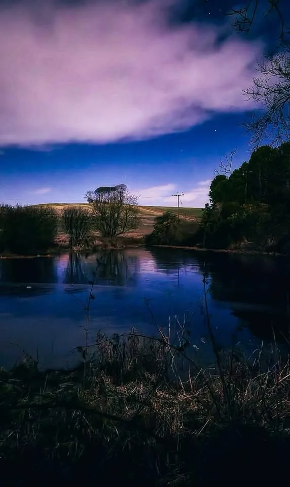 A serene twilight landscape featuring a calm body of water reflecting a purple and blue sky with scattered clouds and faint…