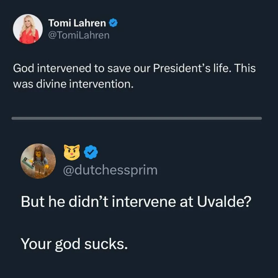 A screenshot of a Twitter thread shows Tomi Lahren claiming 'God intervened to save our President's life.' Below, a reply…