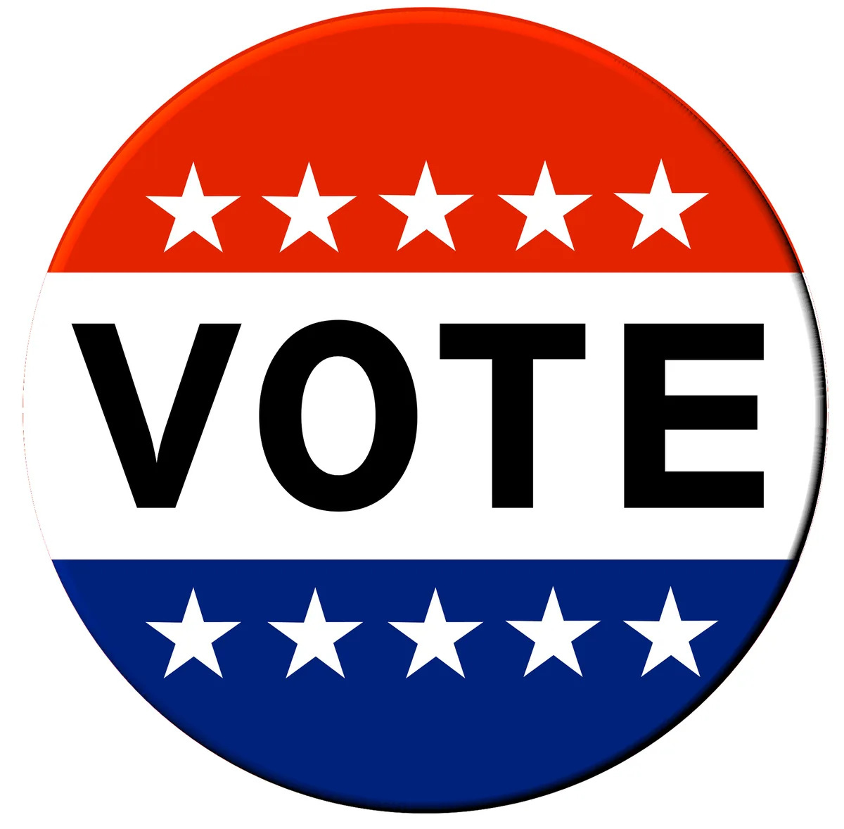 A circular button with a red top half containing five white stars, a white middle band with the word 'VOTE' in bold black…