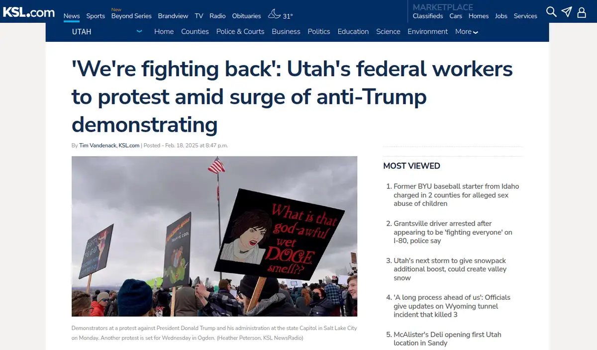 A screenshot of a KSL.com news article about Utah federal workers protesting against Trump, featuring a photo of protesters…