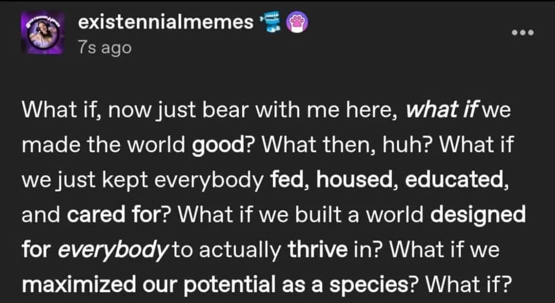 A dark-themed social media post screenshot with white text on a black background, featuring a user named 'existennialmemes'…