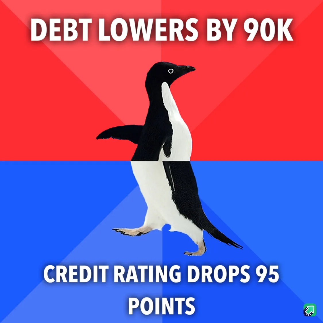 A penguin stands centered against a red and blue background, split horizontally. White bold text at the top reads 'DEBT…