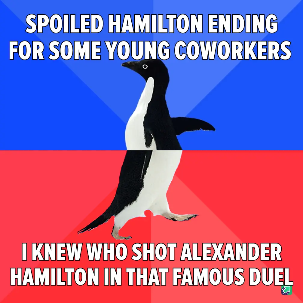 A penguin walks across a blue and red background with bold white text. The top text reads 'SPOILED HAMILTON ENDING FOR SOME…