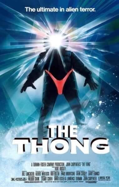 A movie poster parody showing a humanoid alien figure with a glowing head and a red thong as its only visible clothing, set…