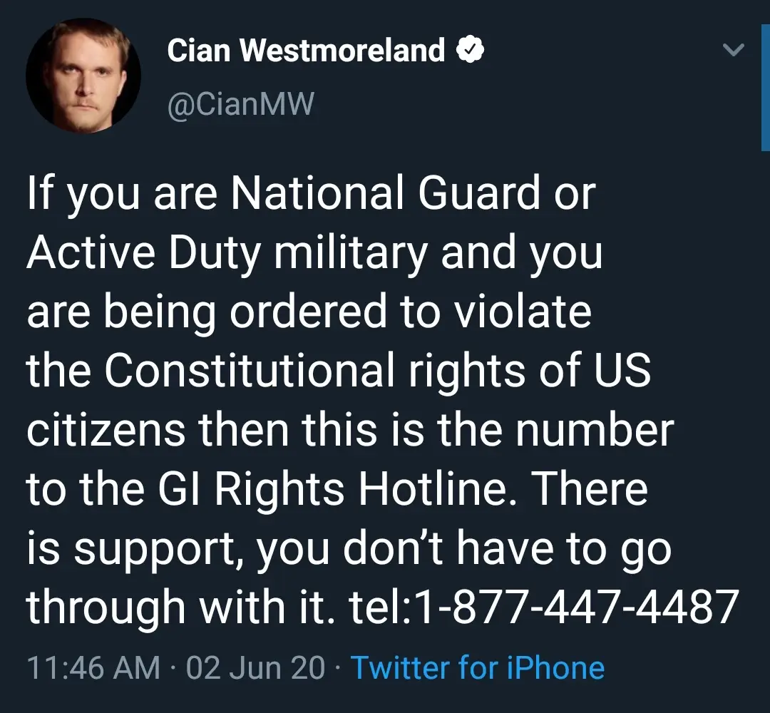 A screenshot of a verified Twitter post by Cian Westmoreland, displaying a message that advises National Guard or Active…