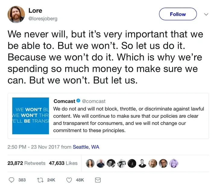 A screenshot of a tweet by user Lore (@loresjoberg) mocking Comcast's public statement. The tweet features a block of text…