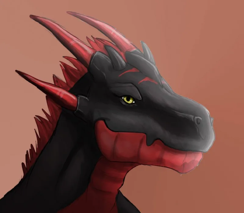 A digital illustration of a dragon's head and neck, featuring black scales, red spikes along its spine and horns, and a…