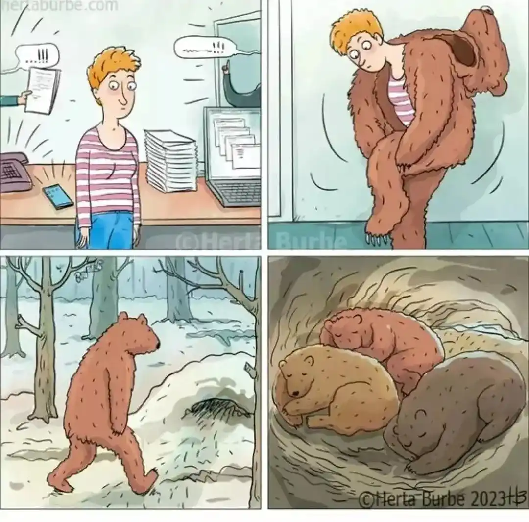 A four-panel comic shows a stressed man overwhelmed by work, then transforming into a bear, walking into the woods, and…