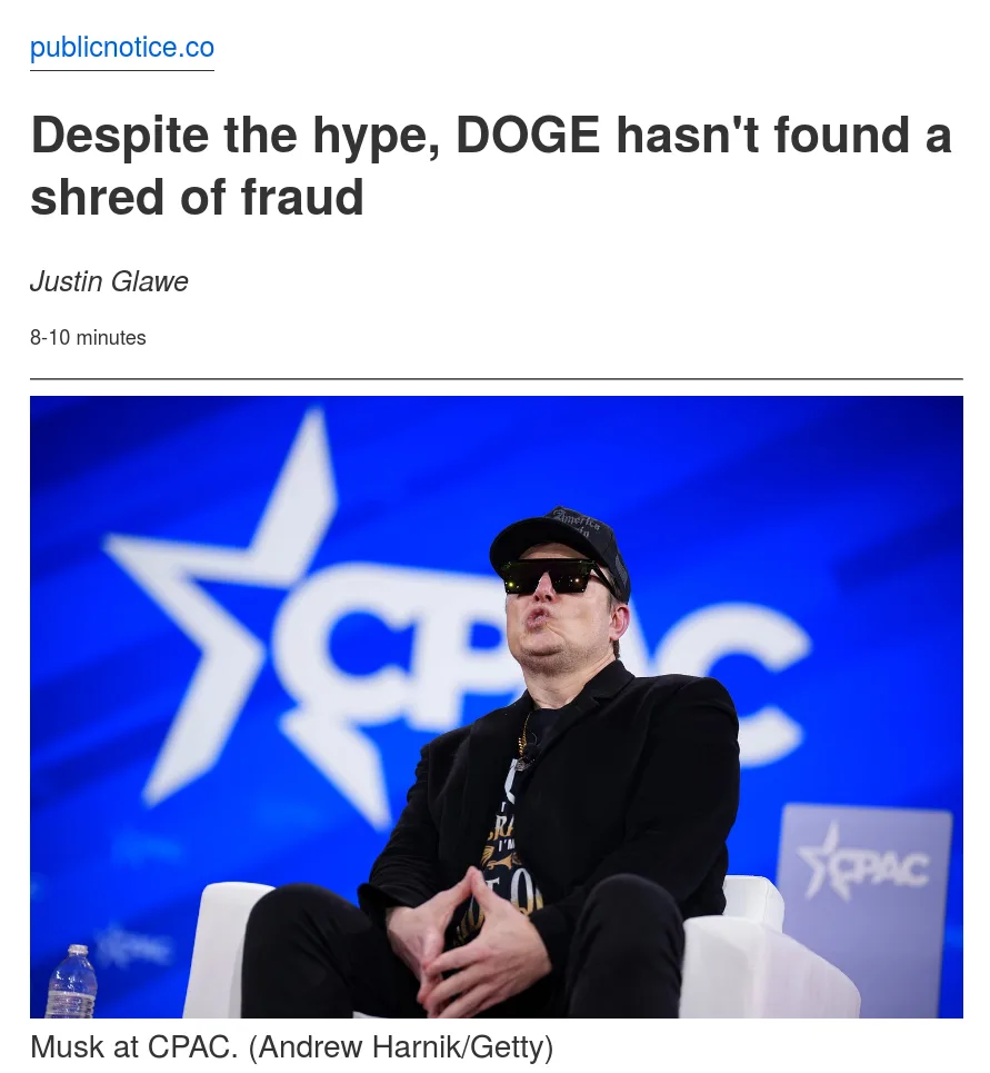 A screenshot of a news article from publicnotice.co with a headline reading 'Despite the hype, DOGE hasn't found a shred of…