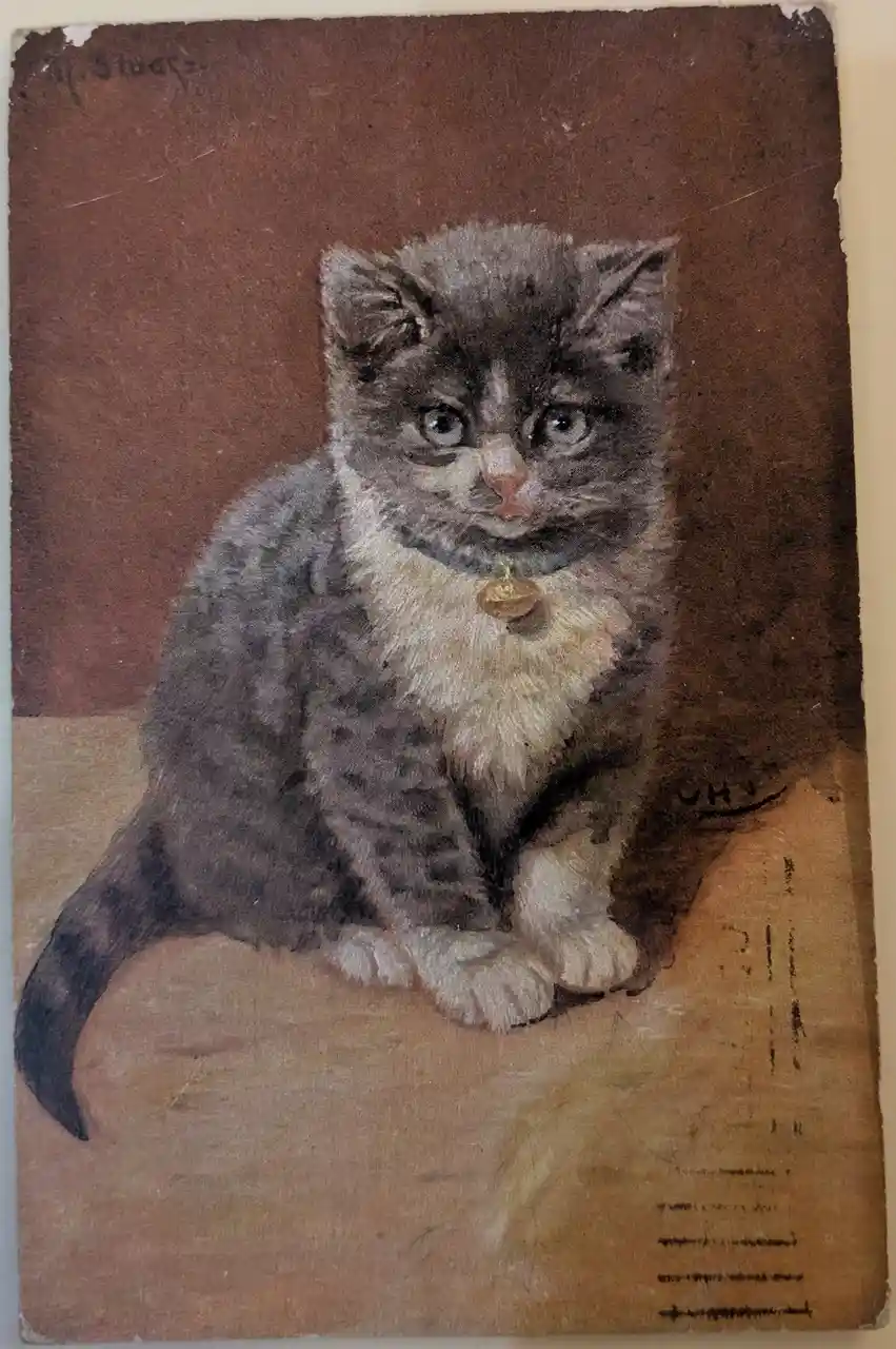 An old, textured painting depicts a small gray tabby kitten with a white chest and paws, sitting upright and looking…