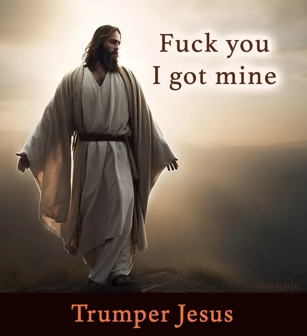 A digitally rendered image of Jesus Christ standing on a hilltop with arms outstretched, wearing a white robe and brown…
