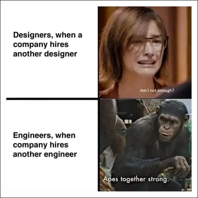 A two-panel meme comparing reactions: top panel shows a woman with glasses looking distressed, text says 'Designers, when a…