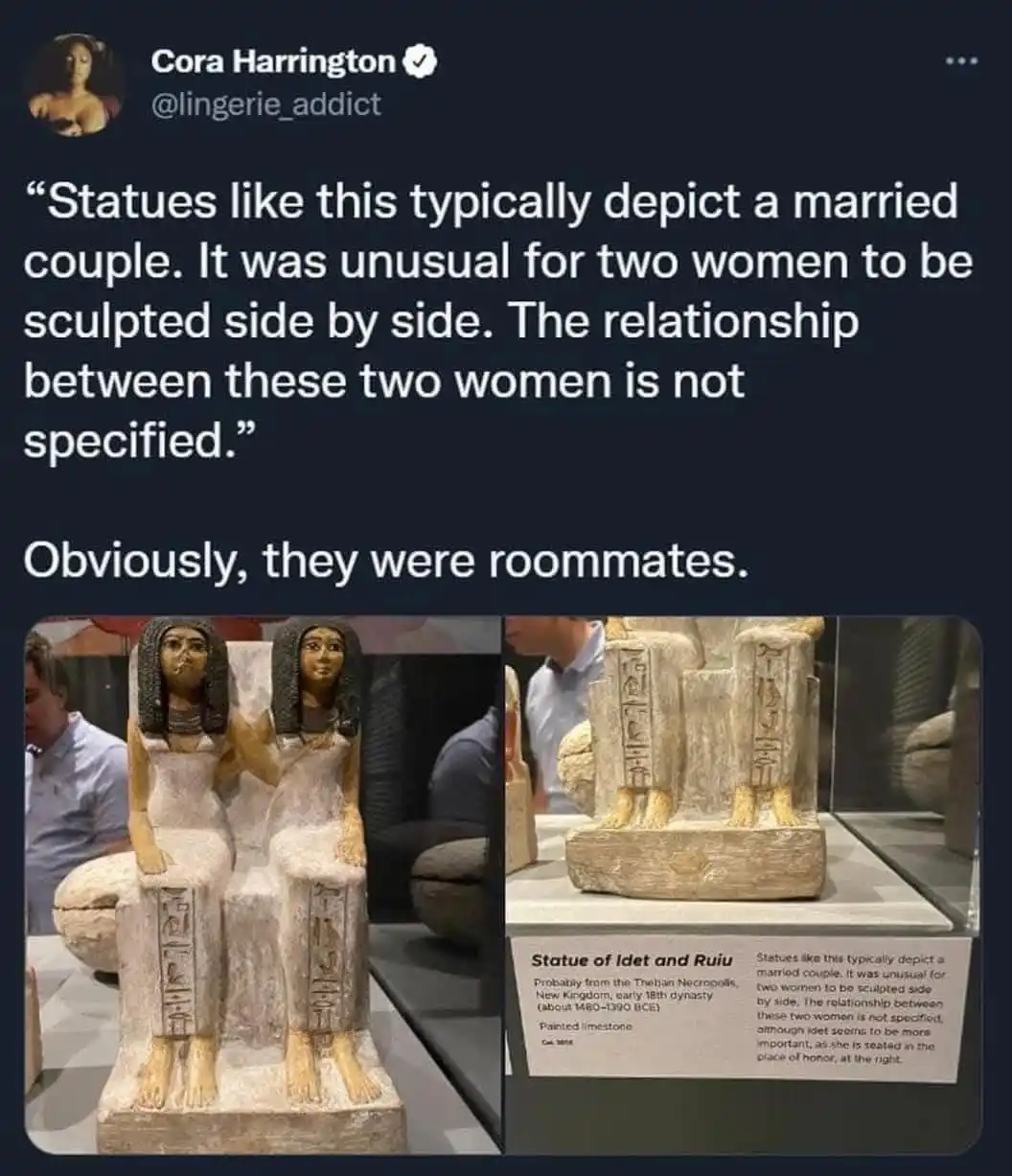 An image of two ancient Egyptian statues of women seated side by side, displayed in a museum. The museum plaque and overlaid…