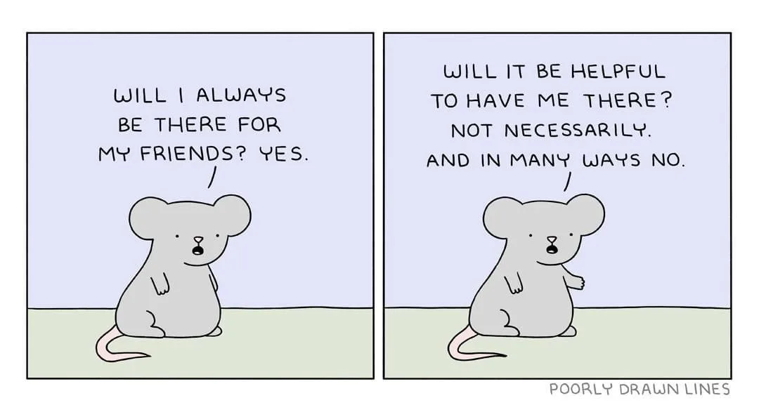 A two-panel comic strip featuring a simple, cartoon-style gray mouse against a plain background. In the first panel, the…