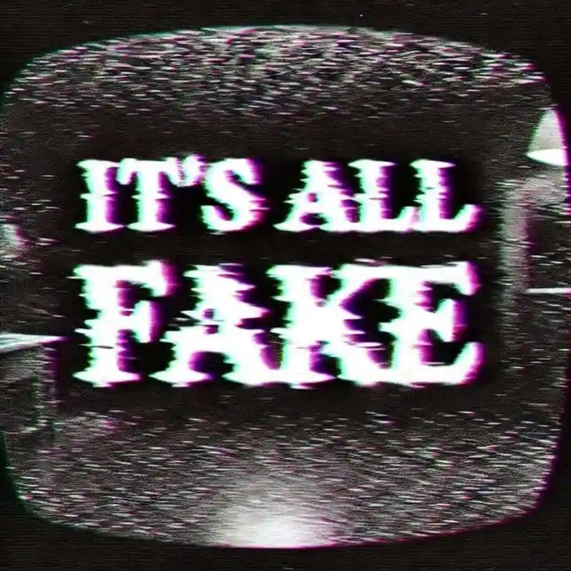 The image shows a distorted, glitchy television screen with heavy static and chromatic aberration, displaying the text 'IT'S…