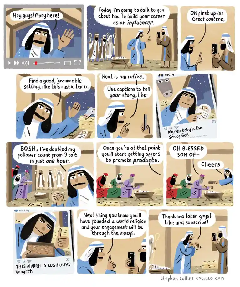 A comic strip depicts Mary from the nativity scene giving a modern influencer tutorial, using her baby Jesus as content…