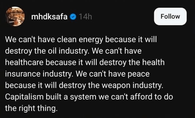 A screenshot of a tweet by user 'mhdksafa' with white text on a black background. The text lists absurd economic arguments…