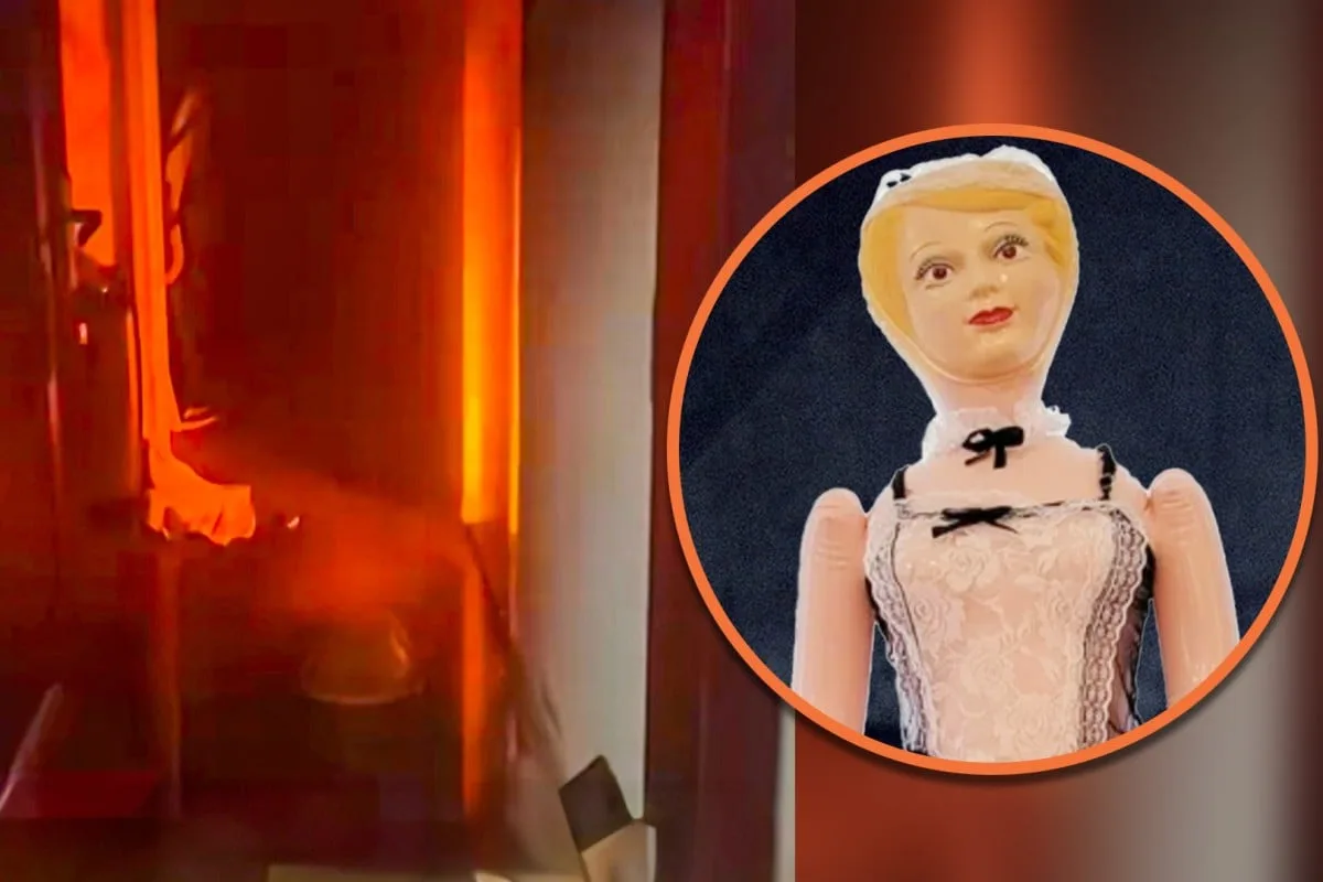 The image shows a blurry, orange-lit scene of a person in a doorway, juxtaposed with a circular inset of a vintage-style…